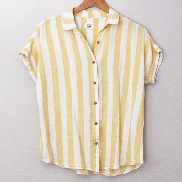 Marine Layer Dana Striped Shirt Yellow White Button Down Top Linen Blend S $88 - Picture 2 of 15